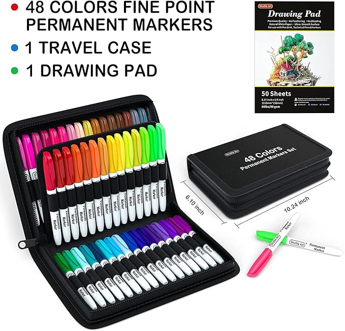 Shuttle Art Permanent Markers, 48 Colors Fine Point, Assorted Colors with Travel Case, Ideal for Adults Coloring Doodling on Plastic, Glass, Wood and Stone, Gift for Kids
