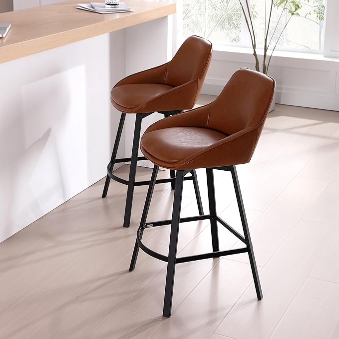Zesthouse Swivel Counter Height Stools Set of 4, Modern Upholstered Barstools with Backs, 26'' Faux Leather Counter Height Bar Stools, Metal High Chairs for Island Kitchen, Brown