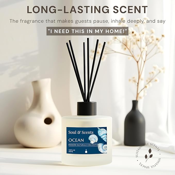 Soul & Scents Reed Diffuser Set – Ocean | 7.43 oz Refillable Scented Oil with 6 Fiber Sticks | Long-Lasting Home Fragrance & Air Freshener for Bedroom, Bathroom, Office | Gift & Décor Piece