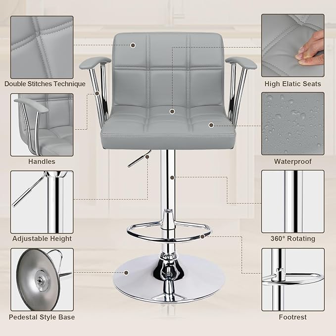 Bar Stools Set of 2,Armrest Adjustable Swivel Barstools with Back,Double Needle PU Leather Counter Height Bar Stools for Kitchen Island, Light Grey