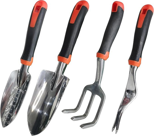 Garden Tools Set, 4 Piece Aluminum Hand Tool Kit with Ergonomic Handle, Heavy Duty Gardening Tools Include Hand Trowel, Transplant Trowel, Hand Rake and Weeder (Orange)