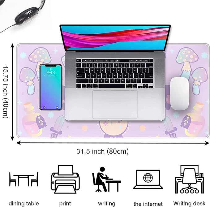 Kawaii Purple Desk Mat,Cute Witchy Elements Mouse Pad, Desk Pad Mystical Goth,XXL Gamig Desktop Mat,Extended Keyboard Mousepad Large for Computer Laptop,Girl Gamer Desk Decor 31.5''x15.7''