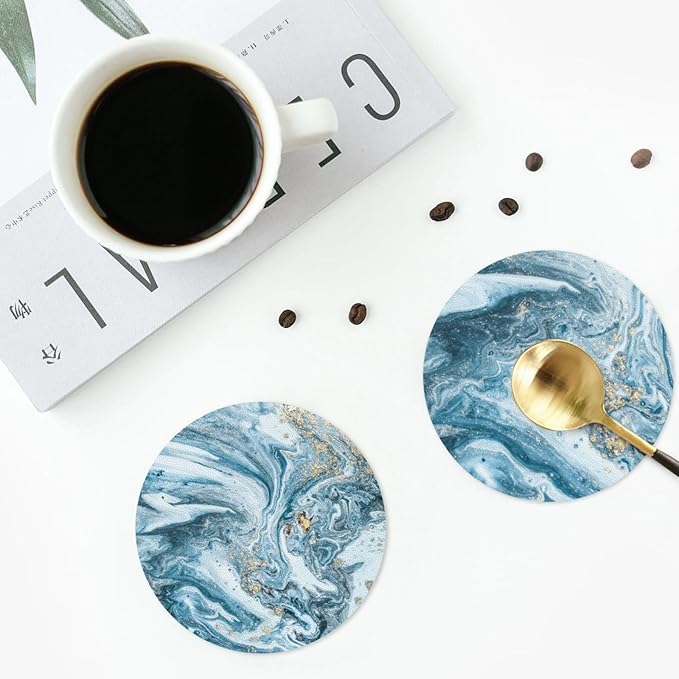 Ocean Gold Sky Blue Marble Coasters Set of 6 Coasters for Drinks Absorbent Double-Sided Leather PVC Coaster for Tabletop Protection Coffee Table Decor Ideal for Home Decor House Warming Gifts