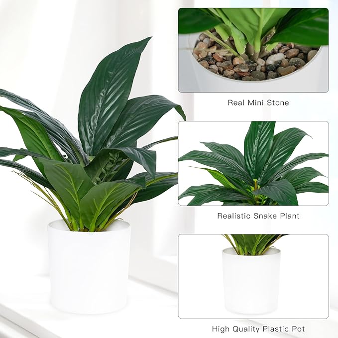 Artificial Fake Snake Plant Potted Tropical Faux Sansevieria Trifasciata Plants in White Plastic Pots Perfect for Indoor Home Decor Modern Living Room Office Housewarming Gift,Dark Green