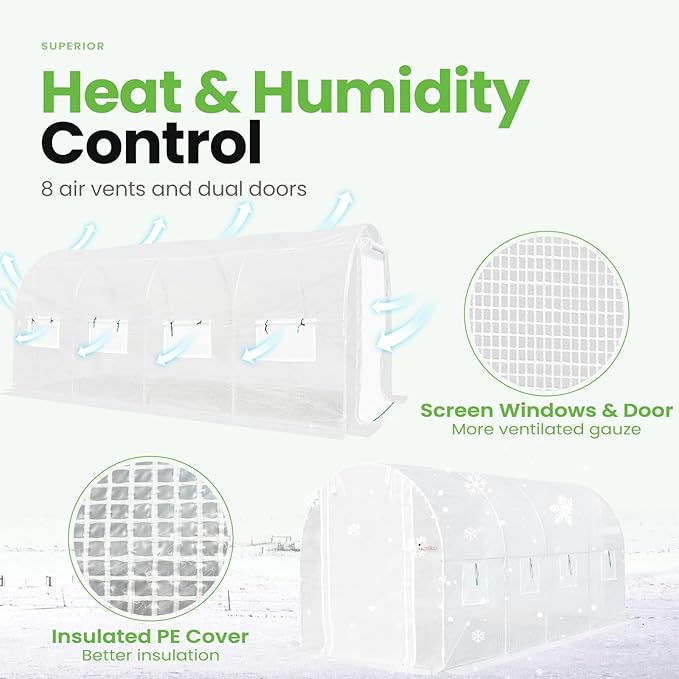 KING BIRD Premium 15x6.6x6.6FT Greenhouse for Outdoors, Large Walk-in Heavy Duty Galvanized Steel Frame, Mesh Door Screen Window Upgraded Zipper Tunnel Hoop for Garden Plant Winter, White