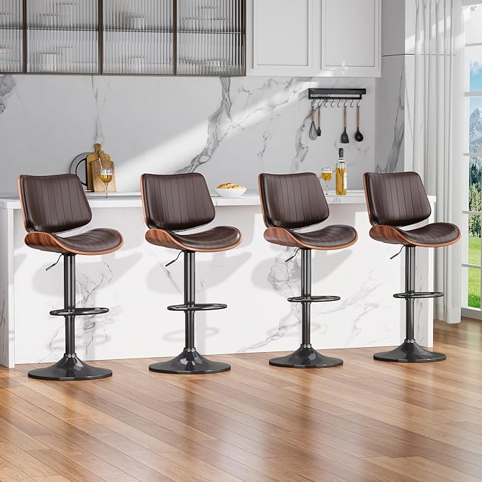 Swivel Bar Stools Set of 1, Adjustable Bentwood Barstools for Kitchen Counter, Modern PU Leather Upholstered Bar Chair with Back and Footrest, for Kitchen Island, Bar, Dining Room, Brown