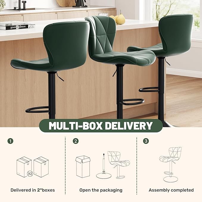 Bar Stools Set of 3,Adjustable Swivel Barstools, Faux Leather Bar Chairs,Upholstered Counter Height with High Backrest for Kitchen Island, Green