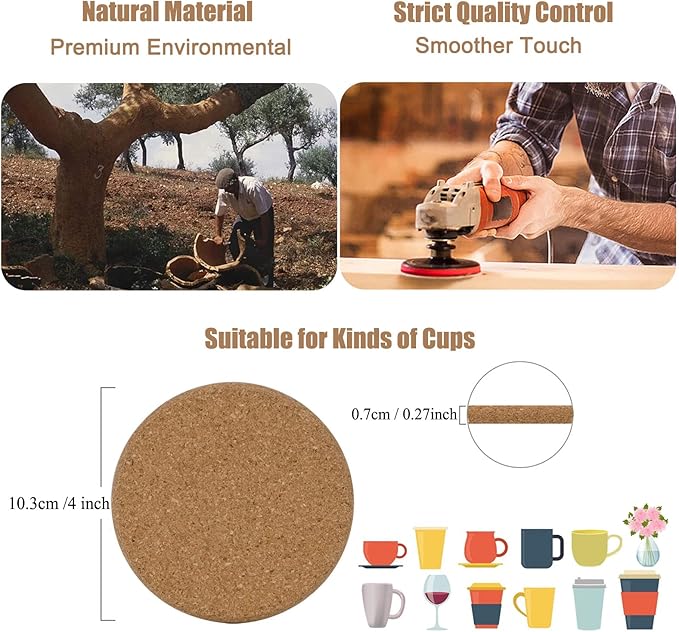 8 Pcs Drink Coasters with Holder, Thicker Cork Coasters for Drinks Absorbent for Coffee Table Wooden Coaster Set Tabletop Protection Cup Mat Bar Kitchen Living Room House Home Decor Housewarming Gift