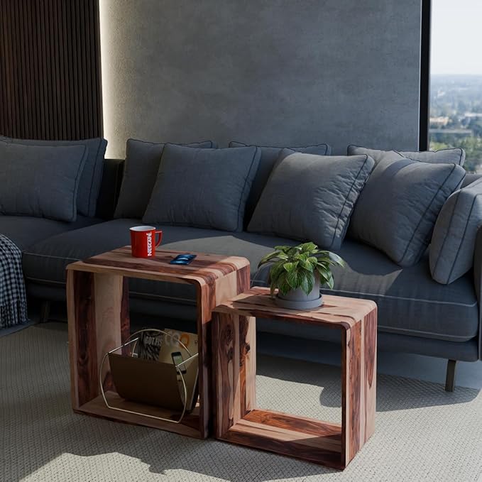 Relso Cascade Nesting Tables for Living Room with Premium Sheesham Wood Construction | Nesting End Tables with Smooth Curved Edges for Safety and Sophistication | Solid Wood Nesting Tables Set of 2
