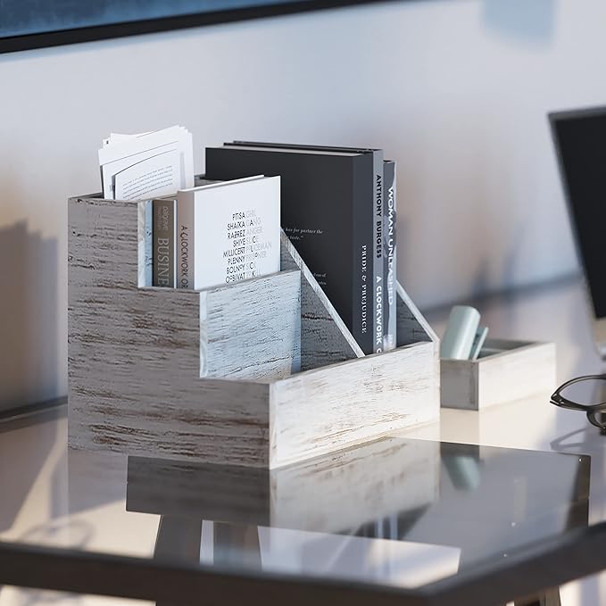 HBCY Creations Rustic Wooden Desk Organizer Set, 3-Piece Whitewashed Mail Organizer for Desktop - Great for Rustic or Industrial Home Decor