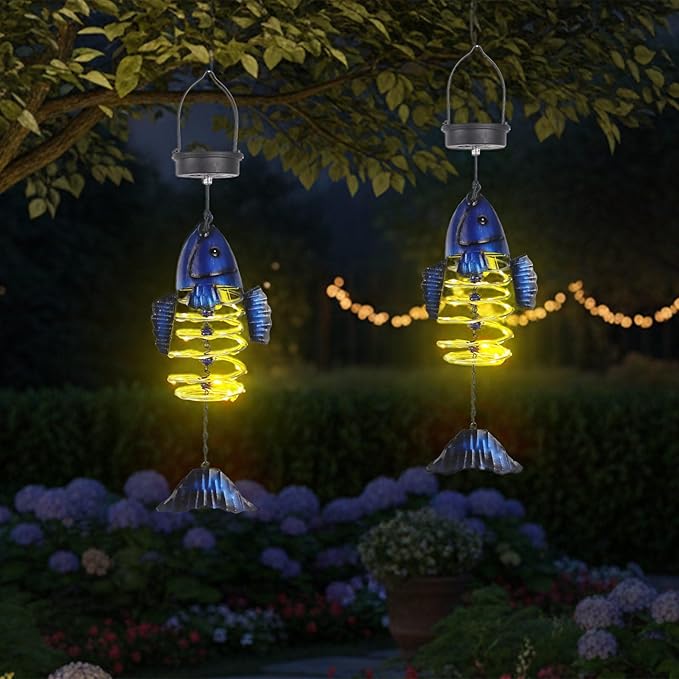 2 Pack Fish Solar Lights Outdoor Hanging Lantern with Handle, Solar Powered Butterflies Garden Decor for Outside Patio Yard Porch Pathway Butterfly Gifts for Women (Warm White LED Lights)