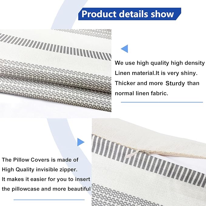 Decorative Throw Pillow Covers Set of 2 Light Gray Boho Striped Pillow Covers 18x18 Inch Throw Pillow Cover Linen Pillowcase Farmhouse Outdoor Pillow Covers for Couch Sofa Bed Living Room