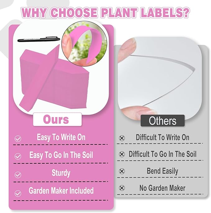 Plant Labels 200 Pcs Yuanling for Seeding Plastic Waterproof Plant Name Tags Garden Labels Marker Garden Pots Stakes for Outdoor Potted Plants Belt Permanent Marking Pen (Pink)