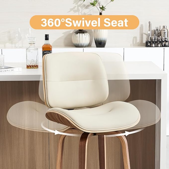Mid Century Modern Bar Stools Set of 2, 29.5'' Bar Height Swivel Stools with Bentwood Legs, Faux Leather Upholstered Bar Chairs with Footrest for Kitchen Island & Countertops,Beige