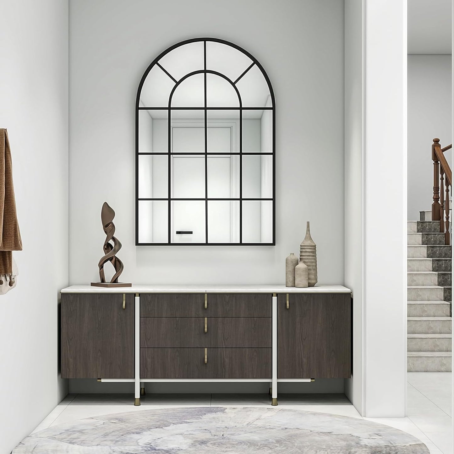 24"×36" Windowpane Arched Wall Mirror, Grid-Designed Decorative Farmehouse Wall Mounted Mirror with Metal Frame Hanging Leaning for Entryway, Living Room, Home Decor, Black