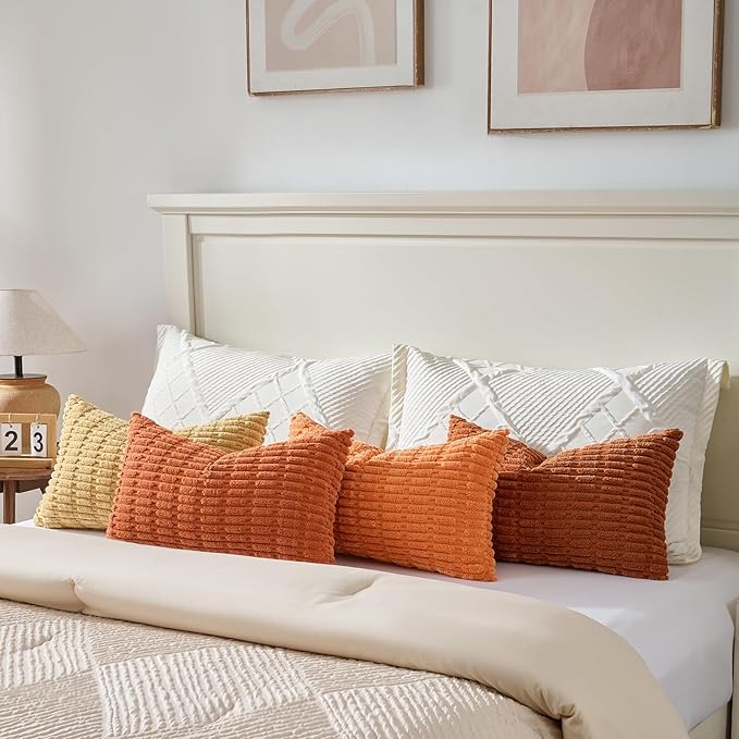 Fancy Homi Set of 4 Burnt Orange Fall Lumbar Decorative Throw Pillow Covers 12x20 Inch for Couch Bed Chair, Farmhouse Boho Room Decor, Soft Fuzzy Corduroy Textured Striped Cushion Case 30x50cm