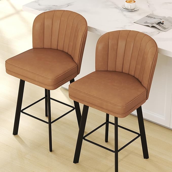 Swivel Counter Height Bar Stools Set of 4, 26'' Modern Barstools with Backs and Metal Legs, Upholstered Bar Chairs, Faux Leather Whiskey Brown Stools for Kitchen Island Chairs