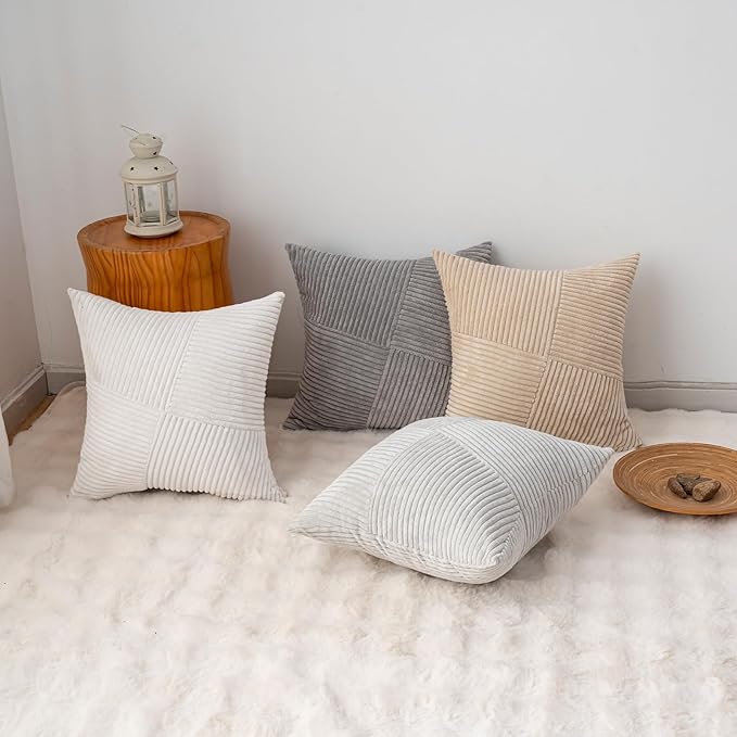Decorative Throw Pillow Covers 18x18 Inch Set of 4 for Boho Living Room Farmhouse Home Decor, Spring Pillow Covers for Couch Bed, Soft Corduroy Striped Patchwork Cushion Cases, Light Colors
