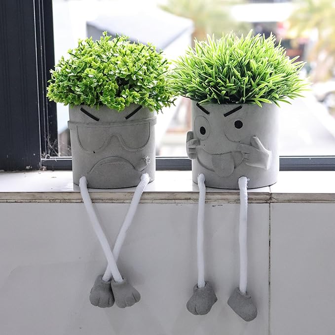 MAKHOT 2 Pack Cute Artificial Succulent Plants with Gray Flower Pots, Fake Plants Succulent Window Sill Decor for Gift Choice, Mini Potted Succulents for Desk Shelf Bathroom Decoration