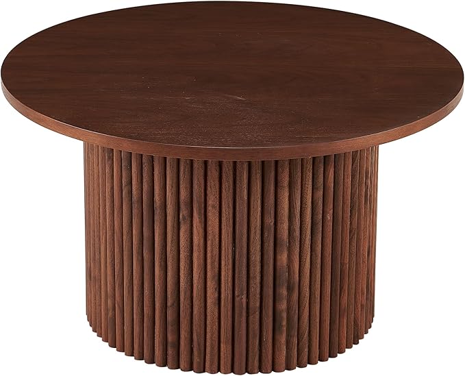 27.5'' Round Dining Table for 4, Modern Wood Farmhouse Kitchen Circle Table with Sturdy Cylindrical Pedastal, Dinner Tables for Dining Room, Living Room Walnut