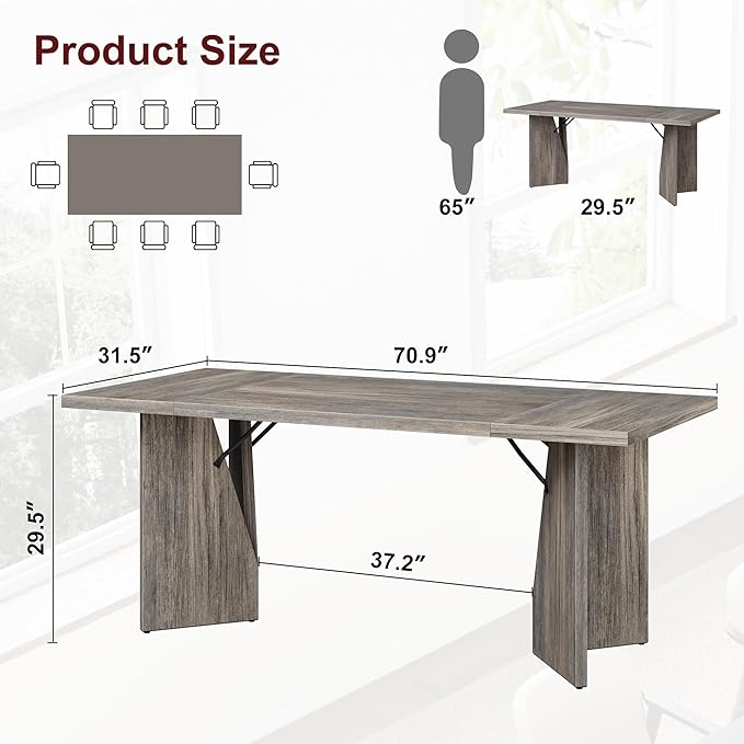 Garvee 70.9'' Dining Table for 6, Farmhouse Rectangular Kichen Table with Sturdy Frame, Wooden Thickened Long Desk and Dinner Desk for Dining Room, Kitchen, Office, Game Room(Grey)