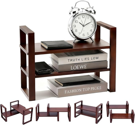 Desk Shelves Desktop Organizer Shelf-No Tools Assembly Interlocking Joints for Enhanced Stability Holds 130lbs for Desk Organizers and Bookshelf Table Top Shelving in Office-Walnut Colour