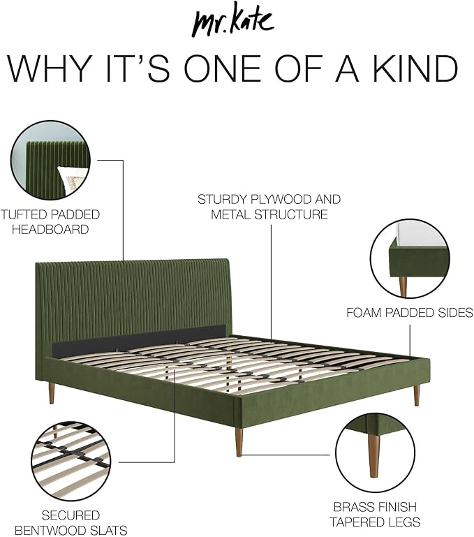 Mr. Kate Daphne Upholstered Bed with Vertical Channel Tufted Headboard, King, Olive Green Velvet