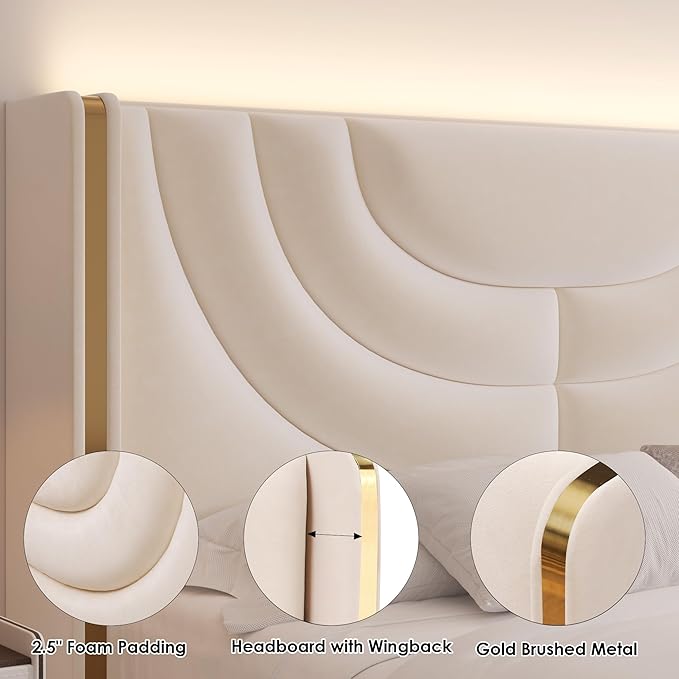 HITHOS Queen Upholstered LED Bed Frame with 2 Storage Drawers, Velvet Platform Bed with Wingback Headboard, Solid Wooden Slats Support, No Box Spring Needed, Headboard Splicing Design, Beige