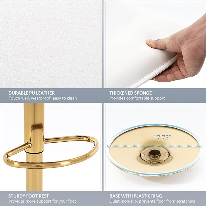 Brage Living Adjustable Bar Stools Set of 2, Modern PU Leather Swivel Counter Height Barstools with Back, Armless Airlift Curved Bar Chairs for Kitchen Dining Cafe (Pearl White, Gold Base)