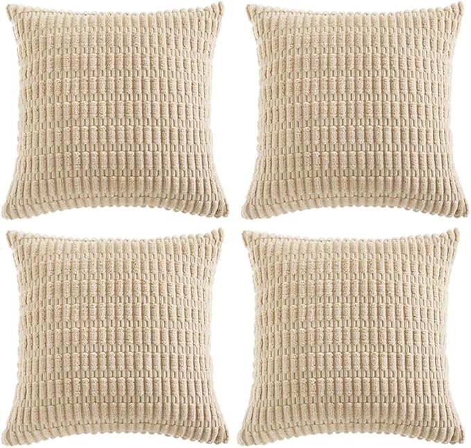 Fancy Homi 4 Packs Tan Decorative Throw Pillow Covers 18x18 Inch for Living Room Couch Bed Sofa, Beige Rustic Farmhouse Boho Home Decor, Soft Plush Striped Corduroy Square Cushion Case 45x45 cm