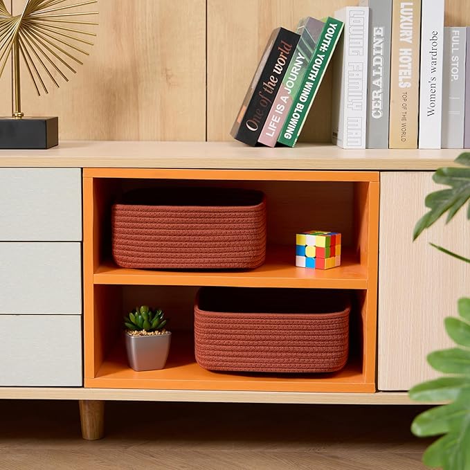 Small Square Shallow Baskets for Organizing, 9.7x9.7x4.3 Inch Rope Woven Storage Bins for Cubes Closet, Shelves Storage, Boho Decorative Basket, 2 Packs Oxide Red