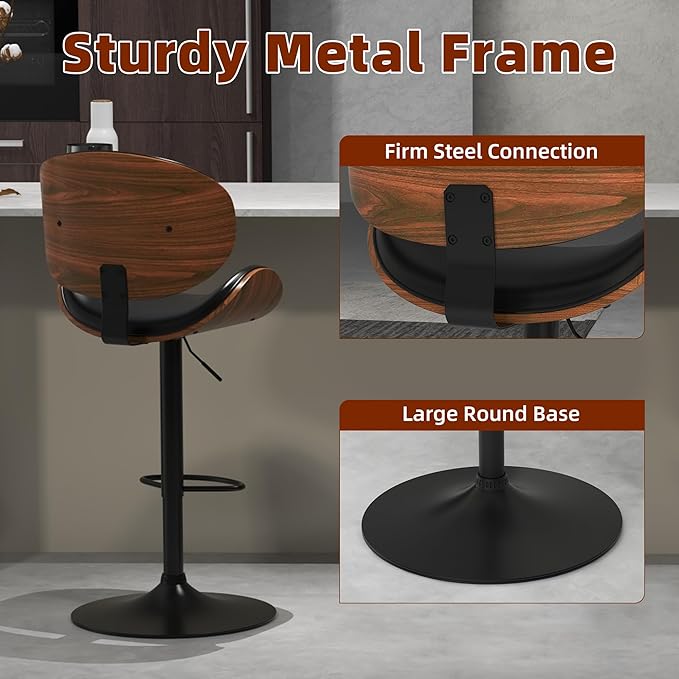 civama Bar Stools Set of 3 for Kitchen Counter, Adjustable Bar Height Chairs, Modern Swivel Barstools with Bentwood Seat and Back with Footrest, for Kitchen Island, Dining Room, Black PU Leather