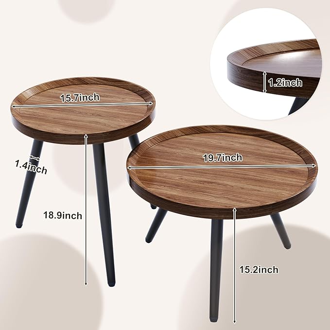 2 PCS Small Round Coffee Table Set, Mid Century Modern Coffee Tables for Living Room, Walnut Nesting Tables for Small Spaces, Easy Assembly Circle Wood Center Table,Black Nesting Coffee Table Set of 2