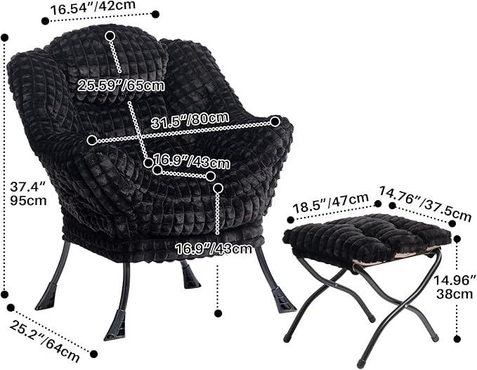 HollyHOME Fabric Lazy Chair with Foldable Ottoman, Accent Comfy Lounge Arm Chair and Folding Footrest Stool Set, Leisure Sofa Reading Chair and Footstool for Living Room, Bedroom, Dorm, Faux-Fur Black
