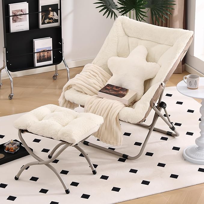 Welnow Comfy Saucer Chair with Ottoman, Oversized Folding Reading Chair for Adults with Throw Pillow Soft Faux Fur Lounge Chair for Bedroom Furry Accent Chair for Living Room, Dorm Rooms, Beige
