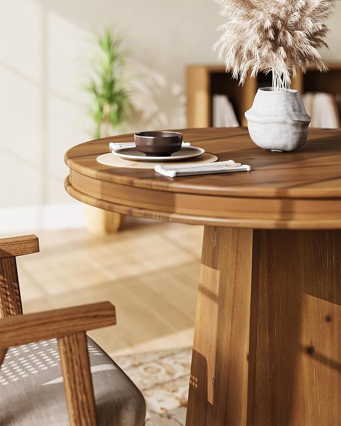 LITTLE TREE Solid Wood Round Dining Table, 31.5" Small Kitchen Table for 2, Modern Farmhouse Dinner Table for Dining Room, Kitchen, Living Room, Artistic Geometric Base (Rustic Brown)