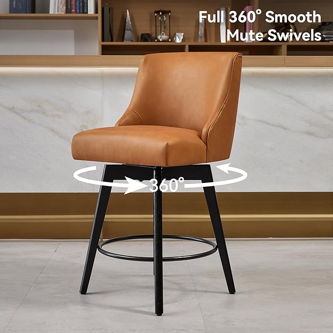 Vipbear Counter Height Bar Stools Set of 3, 26" H Swivel Bar Stools with Backs, PU Leather Upholstered Bar Chairs with Solid Wood Legs for Kitchen Island, Dining Room, Home Bar, Brown