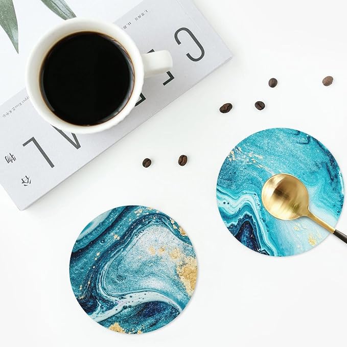 Ocean Gold Blue Marble Coasters Set of 6 Coasters for Drinks Absorbent Double-Sided Leather PVC Coaster for Tabletop Protection Coffee Table Decor Ideal for Home Decor House Warming Gifts