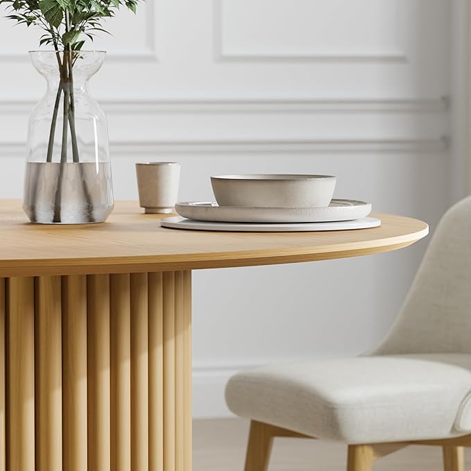 Casaphoria 46" Round Dining Table, Modern Kitchen Table for 4-6, Farmhouse Style with Undercut Edge Top & Concave Cylinder Legs, Easy Assembly for Living Room, Kitchen, Bar, Natural Wood