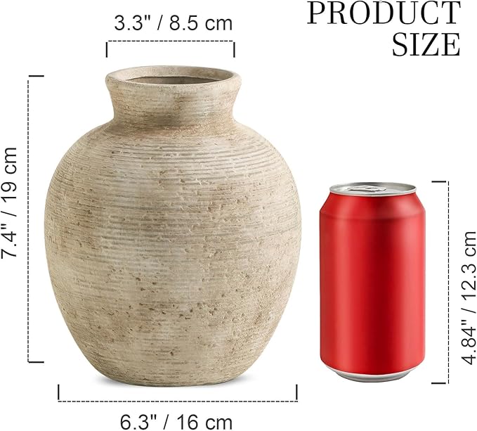 Ceramic Flower Vase Home Decor - Farmhouse Table Vases Rustic Vintage Living Room Kitchen Bedroom Decorations for House Book Shelf Office Coffee Desk Dining Fireplace (7.4" Retro)