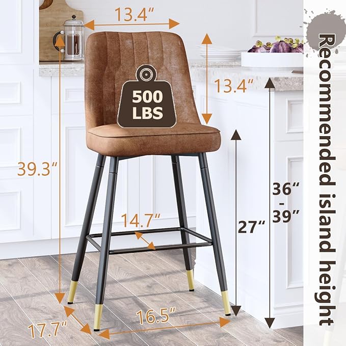 Counter Height Bar Stools Set of 2,Modern Bar Stools Set of 2,Brown Faux Leather Barstools with Back and Footrest,27" Bar Chairs for Kitchen Island,Cafe,Pub,Bar,Dining Room,Hold Up to 500 LBS