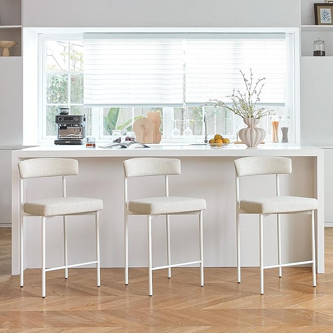 Beige Modern Bar Stools Set of 3, 24 Inch Counter Stools with Curved Backrest, Counter Height Bar Stools for Kitchen Island