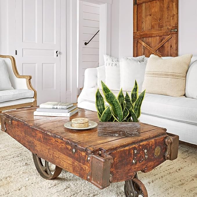 Fake Snake Plant in Rustic Wooden Planter 15.7 Inch Tall Artificial Sansevieria Trifasciata Plants Faux Potted Tropical Plant for Farmhouse Housewarming Home Office Modern Indoor Outdoor Decor