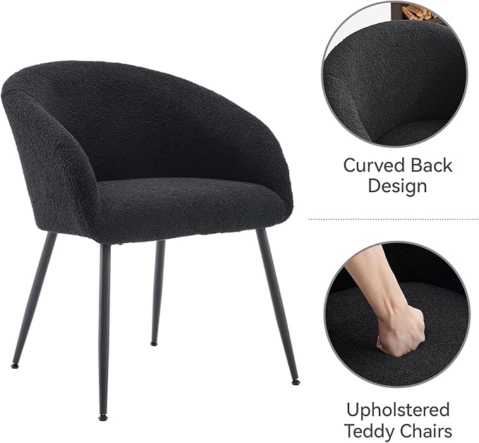 Modern Small Accent Chair Set of 4, Comfy Sherpa Makeup Vanity Chair with Metal Legs, Decorative Dining Chair no Wheels for Living Room, Dressing Room, Bedroom, Black