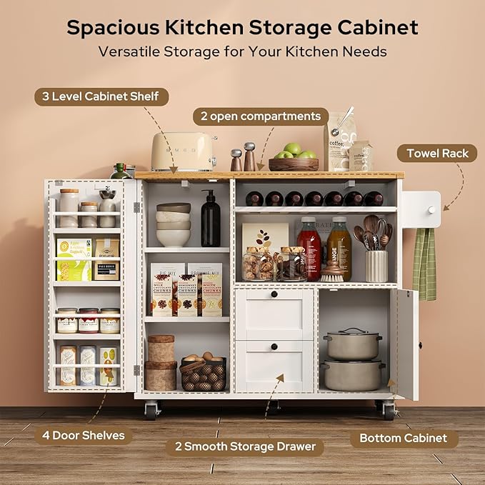 Rolling Kitchen Island with Storage Cabinet, 41.3'' Width Kitchen Cart with Desktop Drop Leaf Countertop, Portable Mobile Kitchen Island with Towel Rack, Spice Rack Shelf and Lockable Wheels, White