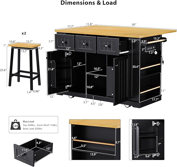 Merax 53" Upgraded Kitchen Cart Island with 2 Bar Stools on Wheels with Power Outlet,Drop Leaf,3 Drawers and 5 Open Side Racks,Wood Frame Storage Cabinet