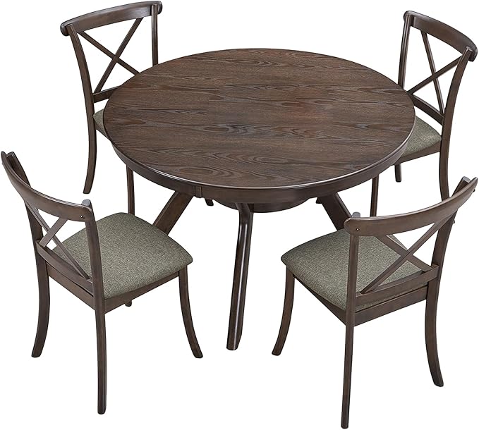 NicBex 47.24" Rubber Wood Round Dining Table for 4-6 People, Mid-Century Kitchen and Dining Table with Wooden Trestle Base, Rustic Brown Solid Wood and MDF Table for Dining Room or Living Room Brown