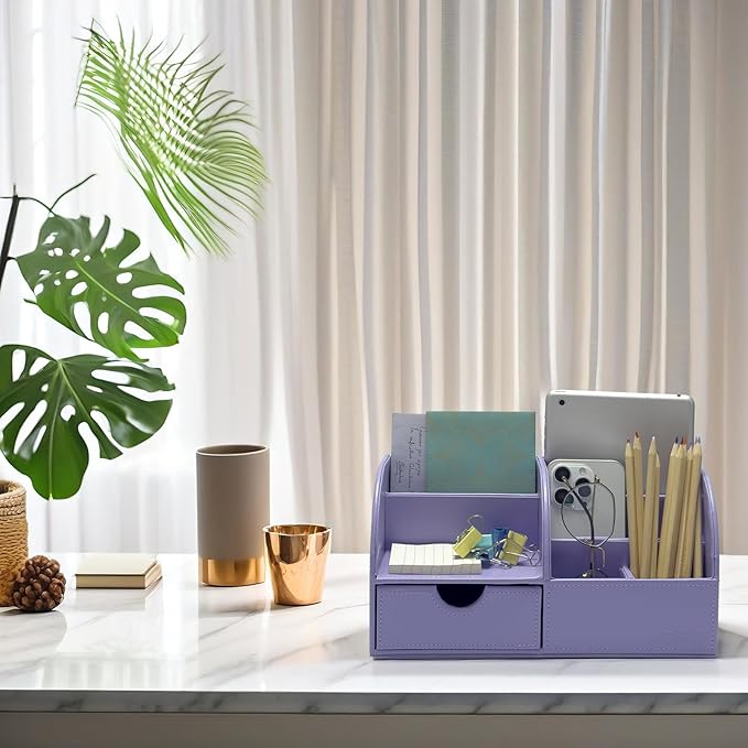 UnionBasic Desk Organizer - Multifunctional Leather Desktop Pen Holder Storage Box - Business Card/Pen/Pencil/Mobile Phone/Stationery Holder, Purple
