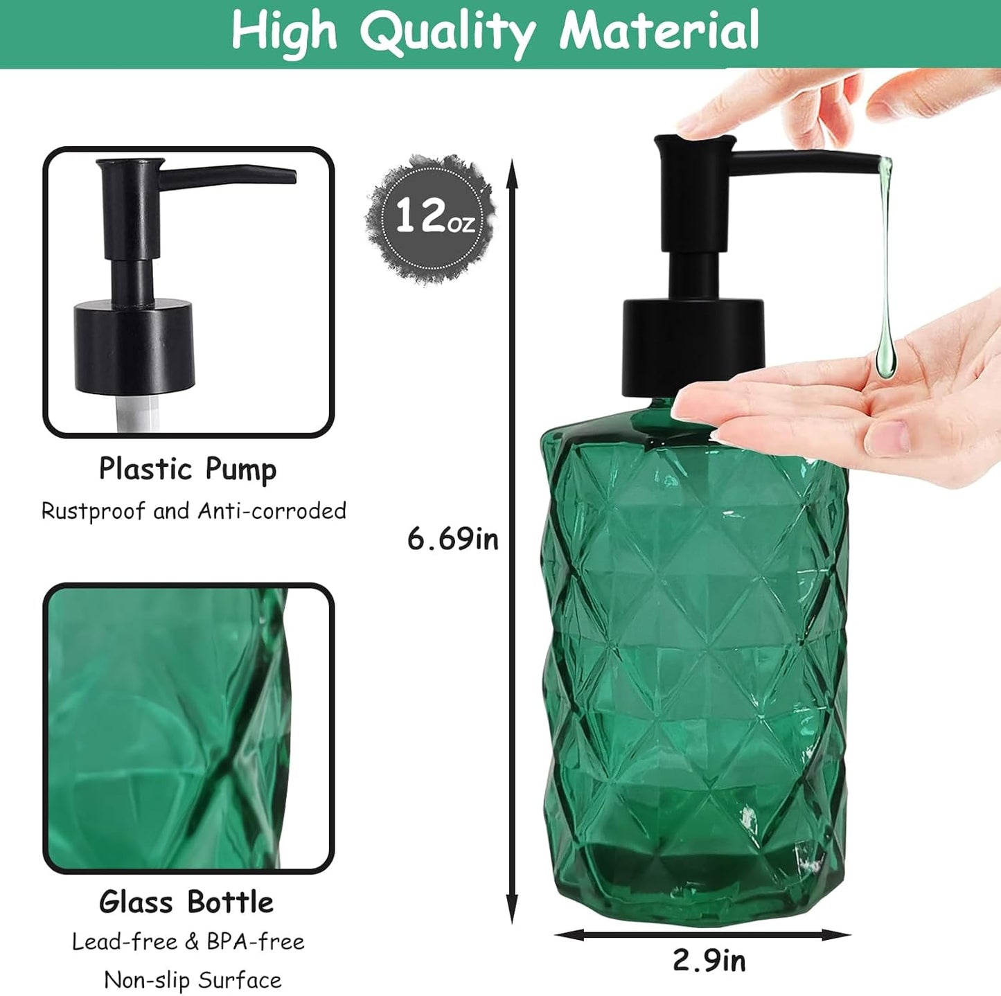 Green Bathroom Soap Dispenser Set with Black Plastic Pump, 12oz Glass Lotion Dispenser, Crystal Hand Soap Dispenser for Modern Home Decor, Kitchen Countertop, Hotel