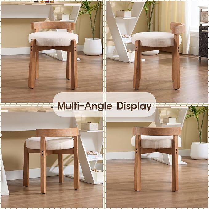 LukeAlon Cute Linen Upholstered Vanity Stool, Round Comfy Makeup Stool with Wooden Legs Small Ottoman Chair Mid Century Modern Padded Seat Footrest for Makeup Room Cloakroom Bedroom, Beige